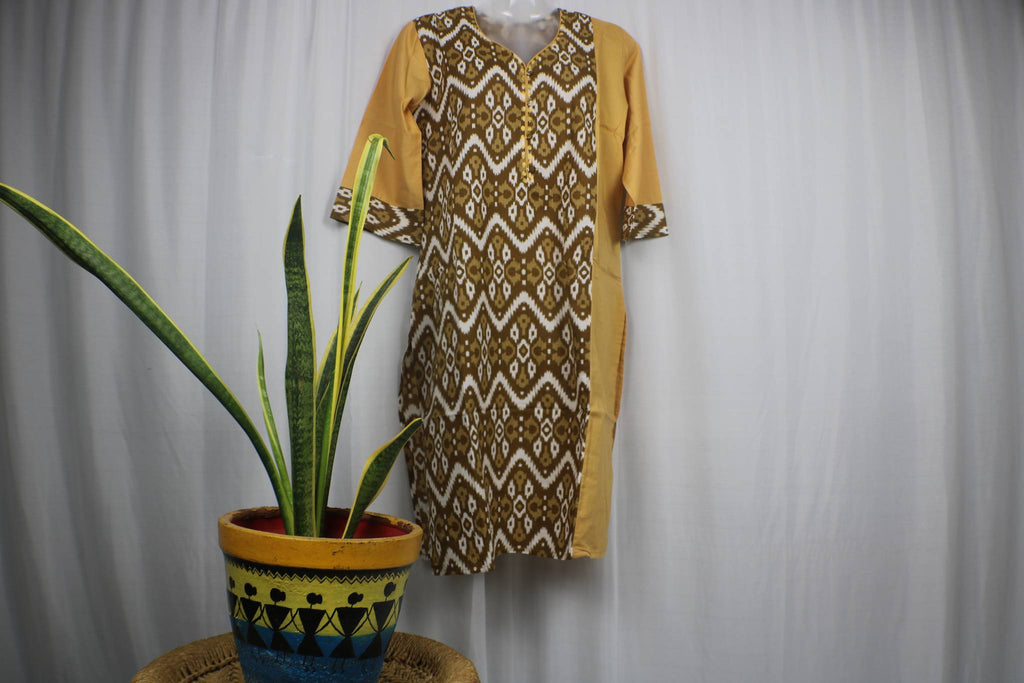 TLFABk-0005a/Ikkat Print/Brown Long Kurtis
