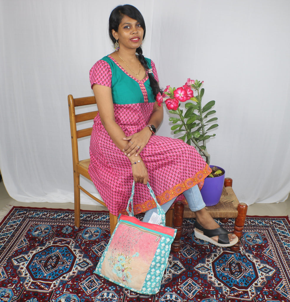 TLFABk-0007/Daisy Print/Green-pink/Long Kurtis