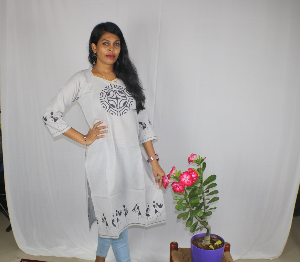 TLFABK-0001c/Cotton Worli Frame -Long kurti