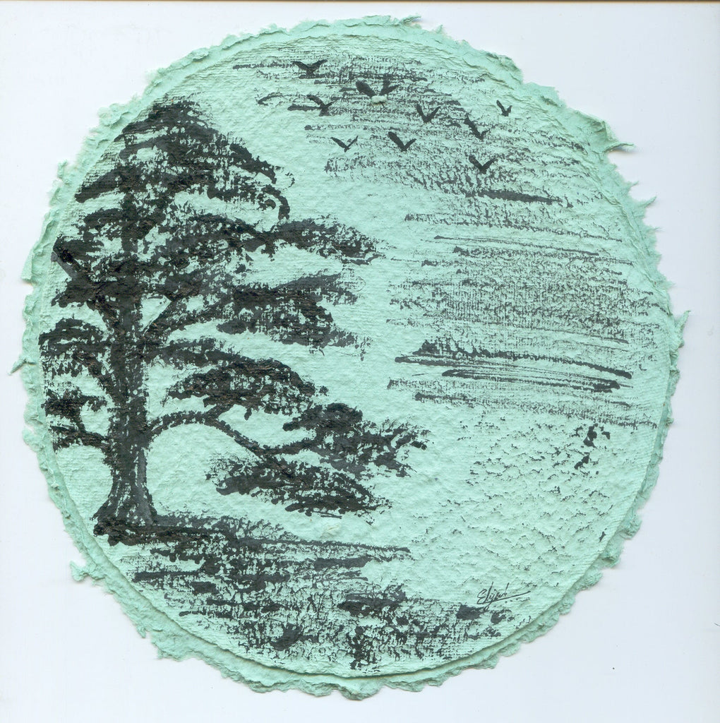 TLELI-Acrylic painting on handmade paper “Trees & life”(Framed) - Thalir Leed®