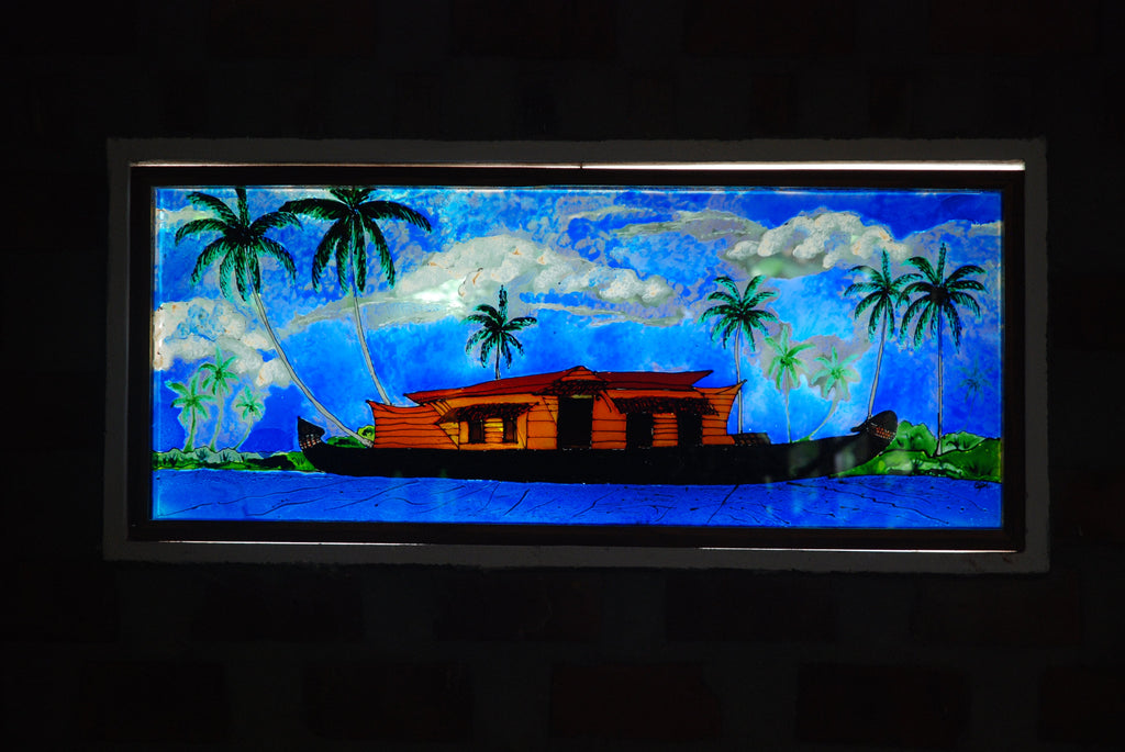 TLELI-Glass Painting: Waterfall valley & Houseboat at the backwater - Thalir Leed®