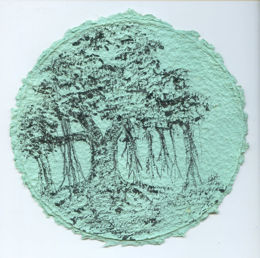 TLELI-Acrylic painting on handmade paper “Trees & life”(Framed) - Thalir Leed®