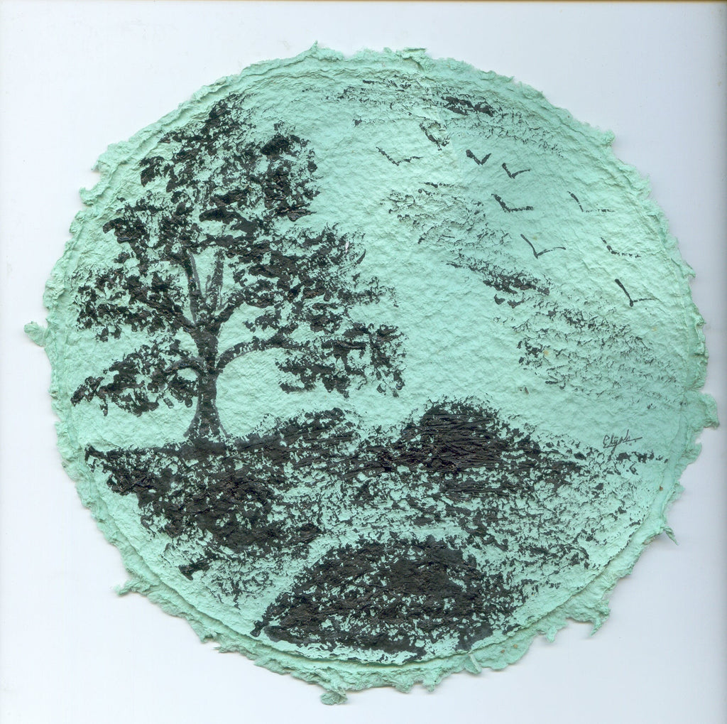 TLELI-Acrylic painting on handmade paper “Trees & life”(Framed) - Thalir Leed®