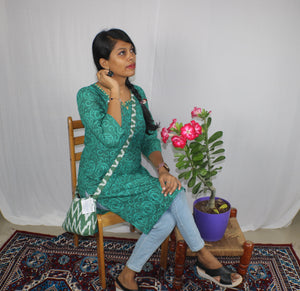 TLFABk-00012/Green Batik/V neck/Long Kurtis