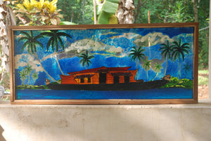 TLELI-Glass Painting: Waterfall valley & Houseboat at the backwater - Thalir Leed®