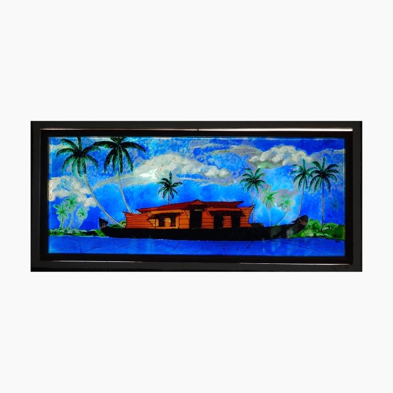 TLELI-Glass Painting: Waterfall valley & Houseboat at the backwater - Thalir Leed®